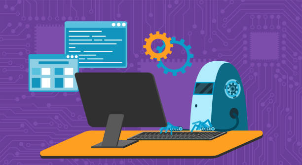automated work of software, business project development, robot using keyboard at table - 系統(tǒng)軟件開發(fā) 幅插畫檔、美工圖案、卡通及圖標(biāo)