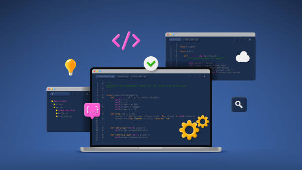 concept of computer programming or developing software or game - 系統(tǒng)軟件開發(fā) 幅插畫檔、美工圖案、卡通及圖標(biāo)